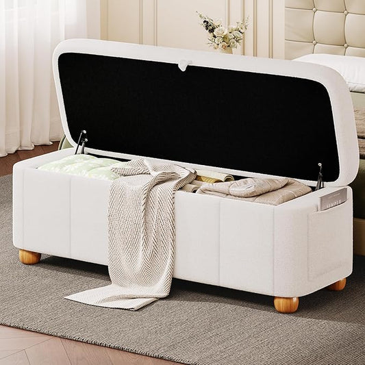 Einhomn 47.4" Ottoman with Storage, End of Bed Bench with Soft Upholstered Seat, Storage Ottoman Bench with Side Pocket, Solid Wood Legs, Entryway Bench for Bedroom, Living Room, Window