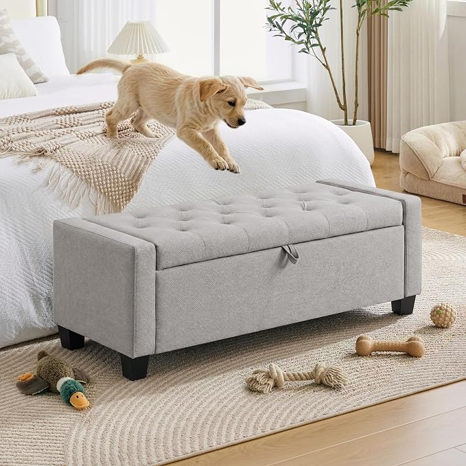 Huatean Home 43" Ottoman with Storage, Light Gray Storage Ottoman Bench | Upholstered Entryway Bench with Seating for Bedroom, Living Room with Safety Hinge, Holds up to 330 lb