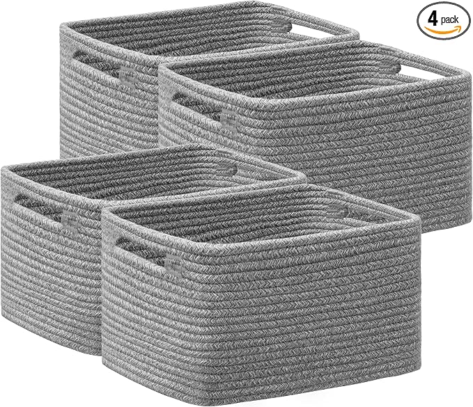 4 Pack Storage Baskets for Organizing, Woven Baskets for Shelves, Grey | 13"Lx9"Wx7.5"H, Woven Basket, Cotton Rope Basket, Toy Storage, Cube Shelf, Gift Baskets Empty, Home Decor