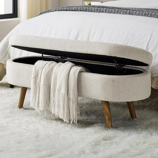 43.5" Ottoman with Storage, Storage Ottoman Bench with Safety Hinge, Linen End of Bed Bench, Upholstered Entryway Bench for Bedroom, Living Room & Window, Holds up to 330 lb, Beige