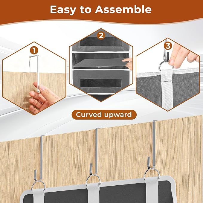 3 Pack 5 Tier Over The Door Organizer - Large Capacity Behind Door Hanging Shelves with 10 Mesh Pockets and Clear Windows, Closet Organizers and Storage for Bathroom, Bedroom, Nursery, Grey
