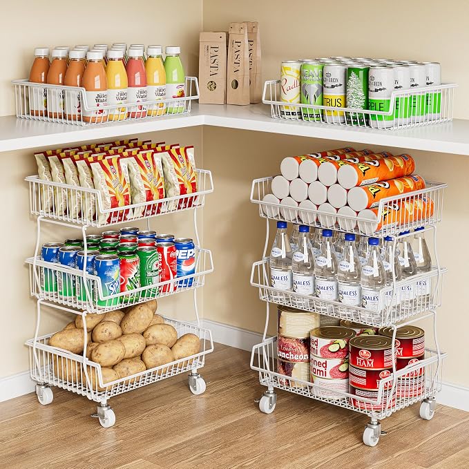 OKZEST Pantry Organizers and Storage Cart with Upgraded Metal Hub Casters | Fits under pantry shelf, Stackable fine-mesh wire baskets, 3-Tier rolling cart holds drink, snack, can, potato, onion, fruit