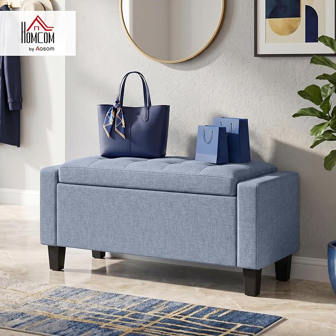 HOMCOM 36.6" Tufted Fabric Rectangular Storage Ottoman Bench Dark Gray | With Armrests, Wooden Legs, Holds up to 528 lbs, for Entryway Living Room Bedroom