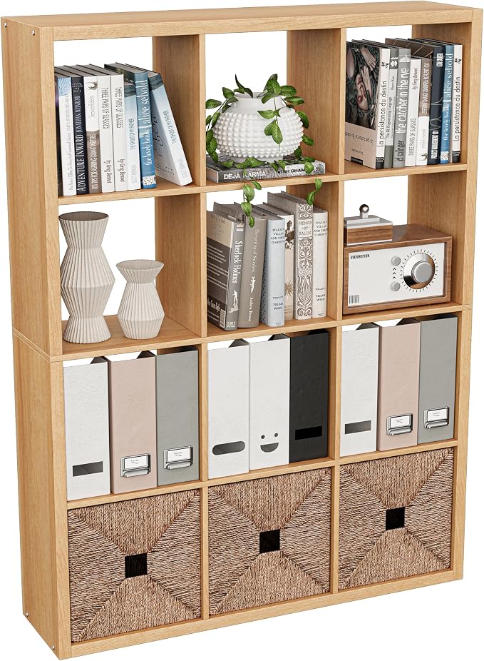 VDNEND Cube Storage Organizer Bookcase, Decorative 11 inch Open Back Cubical Shelf with Thickened Border, Display Bookshelf for Living Room, Home Office, Sturdy Room (Natural Oak, 12 Cube)