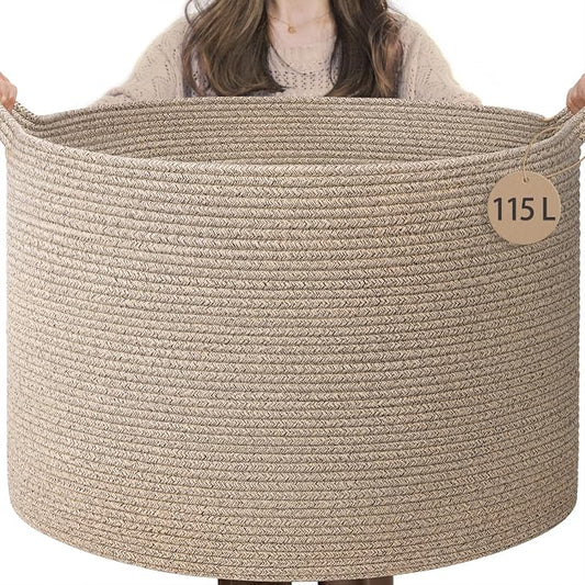 INDRESSME 115L Extra Large Woven Wicker Blanket Basket Living Room | 23.6" x 15.7" Storage baskets for toys laundry & pillows. Fits living room, bedroom or nursery décor. Soft-touch with handles