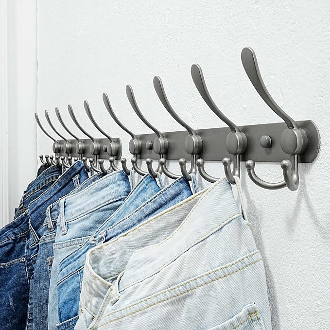 Dseap Coat Rack Wall Mounted - 5 Tri Hooks, Heavy Duty, Stainless Steel, Metal Coat Hook Rail for Coat Hat Towel Purse Robes Mudroom Bathroom Entryway,Grey