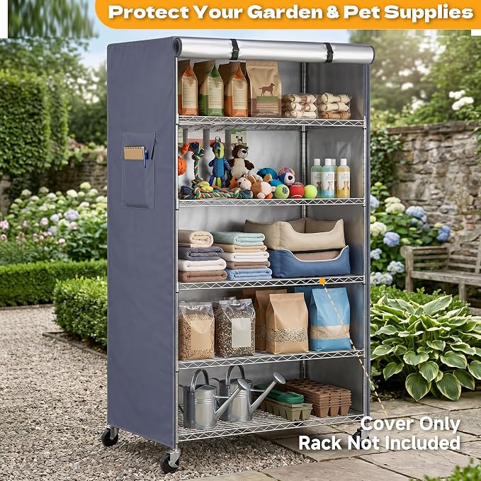 Shelf Cover for Storage Shelves, Fits 36"x16"x72" Standing Racks | 600D Waterproof Dust Shelving Cover with Dual Side Zippers, for Rack in Pantry, Clothes & Laundry Room (No Shelves)