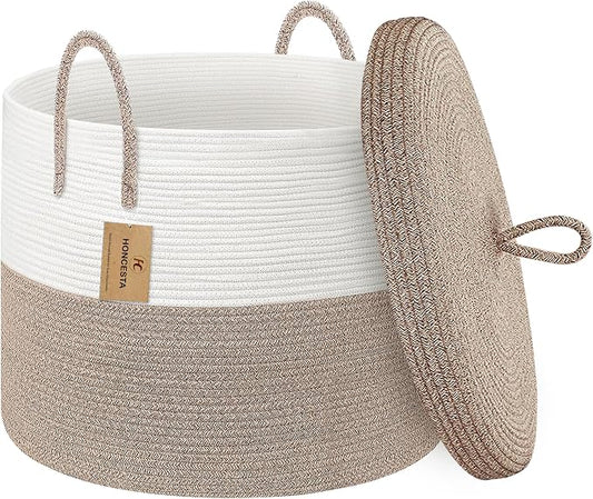 18" X18“ X 14" Large Storage Basket with Lid, Blanket Basket Living Room, Woven Cotton Rope Storage Box, Lidded Kids Dog Toy Bin, Wicker Laundry Basket, Blankets Pillows Organizer Holder
