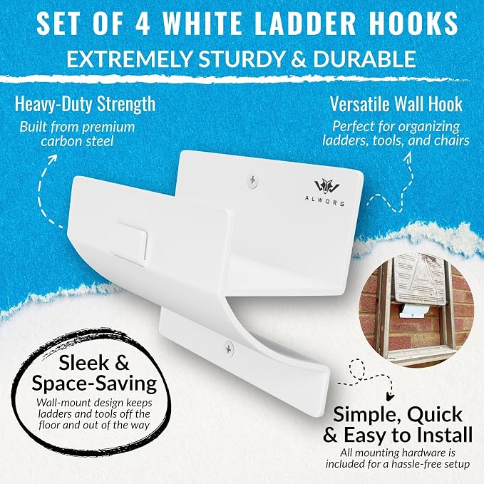 Ladder Hooks Set of 4 White - Heavy Duty Garage Bracket - Wall Mount Hanger | Holds Wheelbarrows, Step Ladders and Folding Chairs, Versatile Tool Organiser for Garage, Easy to Install
