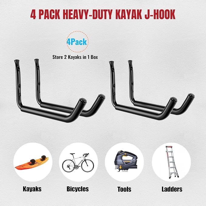 4 Pack Kayak Wall Mount Rack, 120 LBS Garage Hooks | Heavy Duty 120 LBS Capacity, 15-Inch Wide Utility Hangers,Thickened EVA Foam Padding,High-Strength Alloy Steel