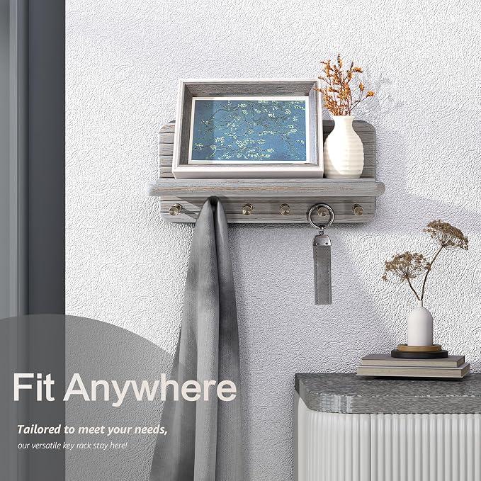 Rebee Vision Pine Wood Key Holder Wall Mount for Entryway, Distressed Gray | Wooden Key Holder for Wall with 6 Hooks, Floating Shelf, Mail Organizer, Farmhouse Home Organization Accent