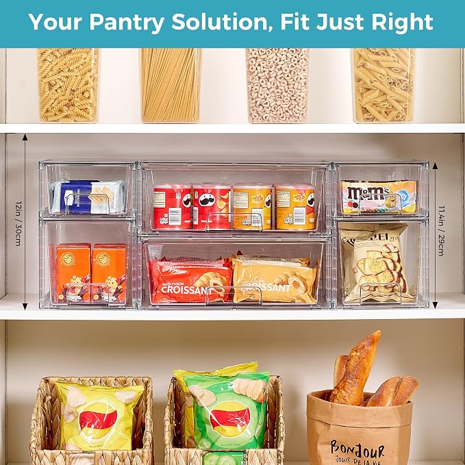 Vtopmart 6 Pack Clear Stackable Storage Drawers,Easy to Assemble Pantry Organizers and Storage with handles,Plastic Drawers for Kitchen Pantry,Cabinet,Under Sink Organization