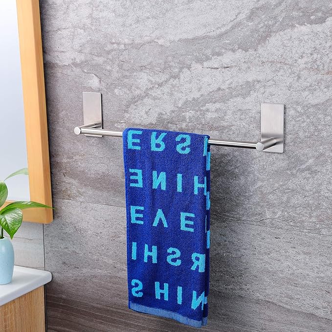 Taozun 16-Inch Self-Adhesive Towel Bar with 2 Pack Hooks, Stainless Steel | Rustproof, No Drilling, Bathroom Hardware Accessory Kit, for Kitchen, RV, Hang Towels, Robes, Keys