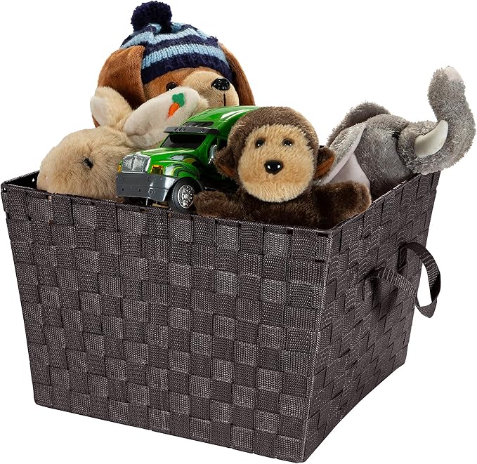 Simplify Large Woven Strap Tote | Decorative Storage Basket | 2 Handles | Organization | Closet | Bedroom | Bathroom | Nursery | Accessories | Toys | Gifts | 2 Pack | Chocolate