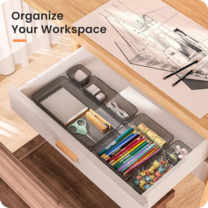 【Military Grade】A-LuGei Drawer Organizer,【𝟱𝗦𝗶𝘇𝗲】Makeup organizer,【Holds 177 Items】Bathroom Organizers and Storage,Organization and Storage,Desk Drawer Organizer for Vanity【Clear Black】