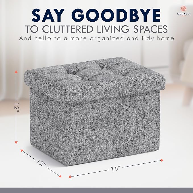 Ornavo Home Small Rectangle Storage Ottoman Set of 2, Linen, 12x16x12, Gray | Foldable Collapsible Design; Foot Rest Stool Seat; Ideal for Living Room, Bedroom, Home Office or Dorm
