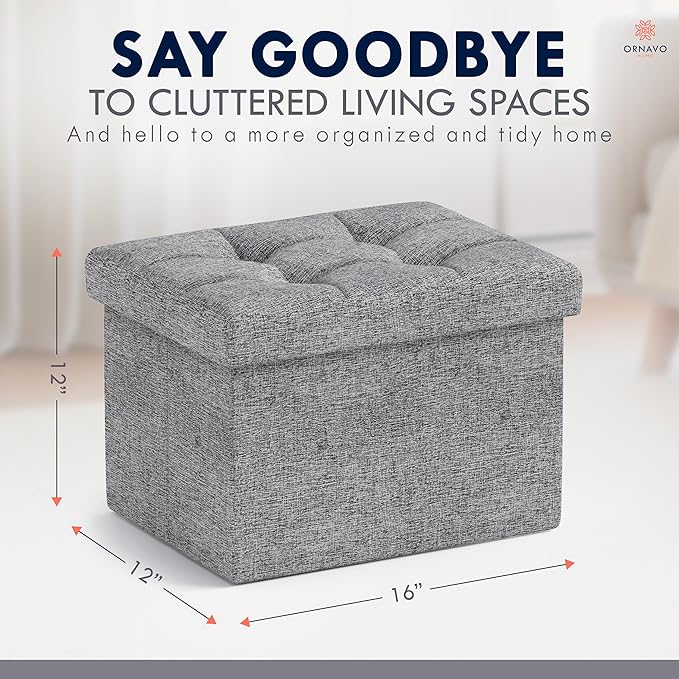 Ornavo Home Small Rectangle Storage Ottoman, Foldable Linen, 12x16x12, Gray | Collapsible Cube Design; Foot Rest Stool Seat; Ideal for Living Room, Bedroom, Home Office or Dorm