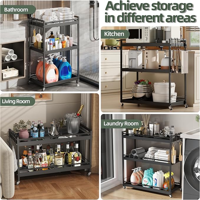 2 Tier Expandable Rolling Cart with wheels, pantry organizers and storage | kitchen Storage Cart for cans,food,snack and appliances，Adjustable shelf board height，Black,12.59"D×19.29-30.9"W×19.29"H