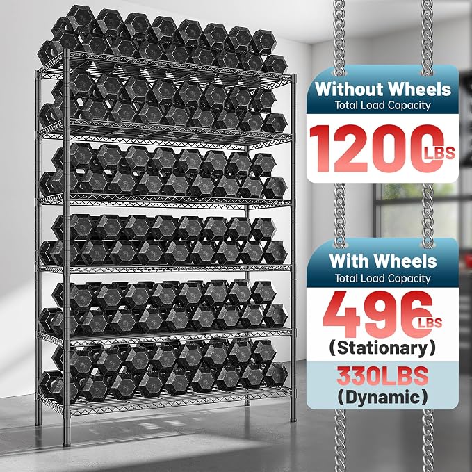 Romorgniz Heavy Duty 6-Tier Rolling Storage Shelves with Wheels for Garage | 1200lbs wire shelving, Rolling casters with locking wheels, Adjustable shelves, Rust-proof, For pantry, kitchen, basement