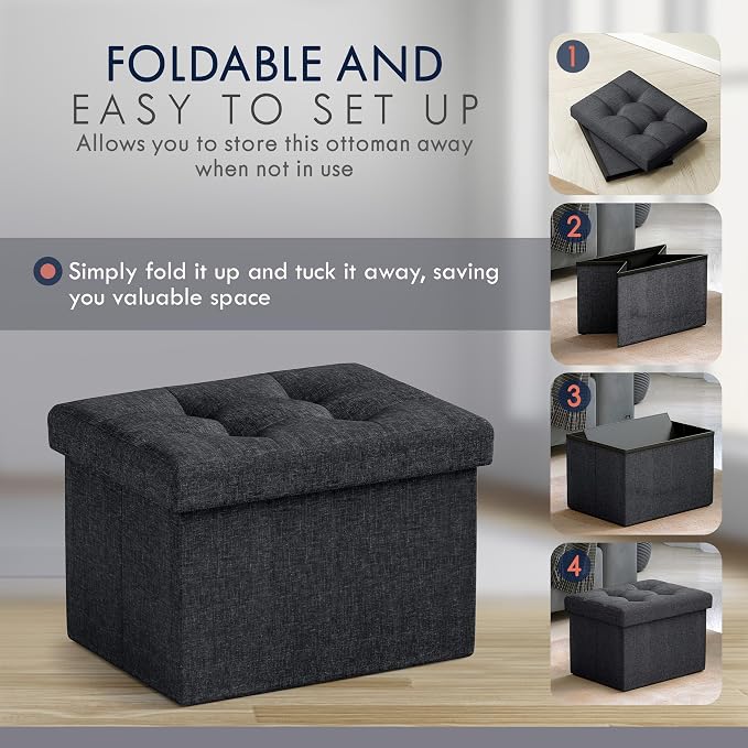 Ornavo Home Small Rectangle Ottoman Set of 2, Linen, 12x16x12, Black | Storage Collapsible Design; Foot Rest Stool Seat; Ideal for Living Room, Bedroom, Home Office or Dorm