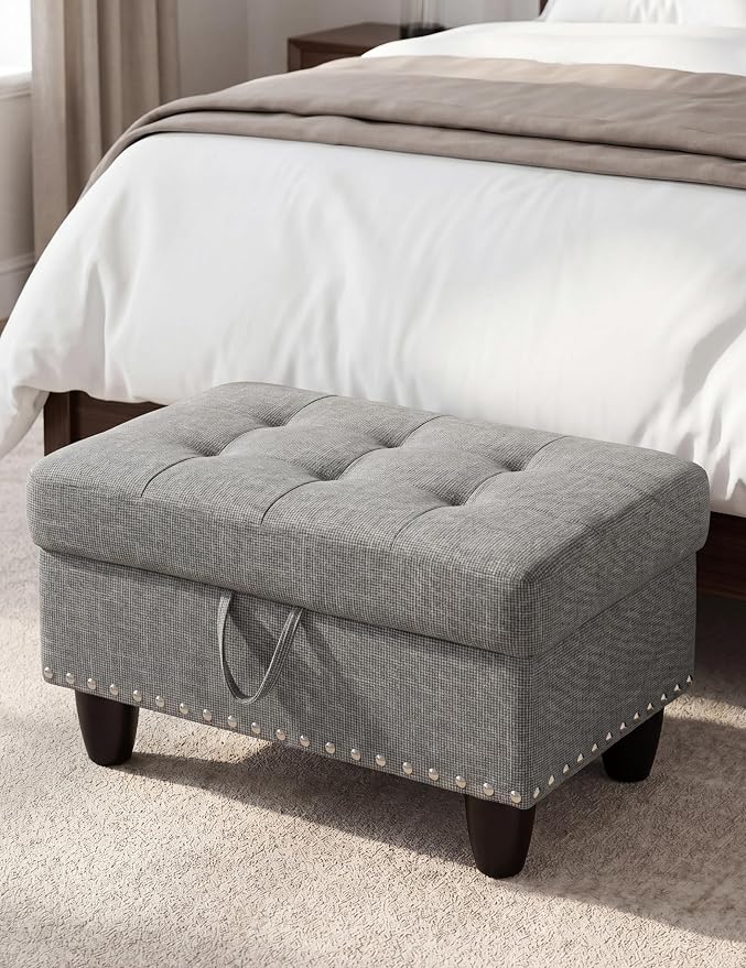Ottoman with Storage, 28.5 inch Liner Storage Ottoman with Padded Seat, Large Entryway Bench with Solid Wood Frame, Upholstered Sturdy Foot Rest for Living Room, Bedroom, Entryway, Gray