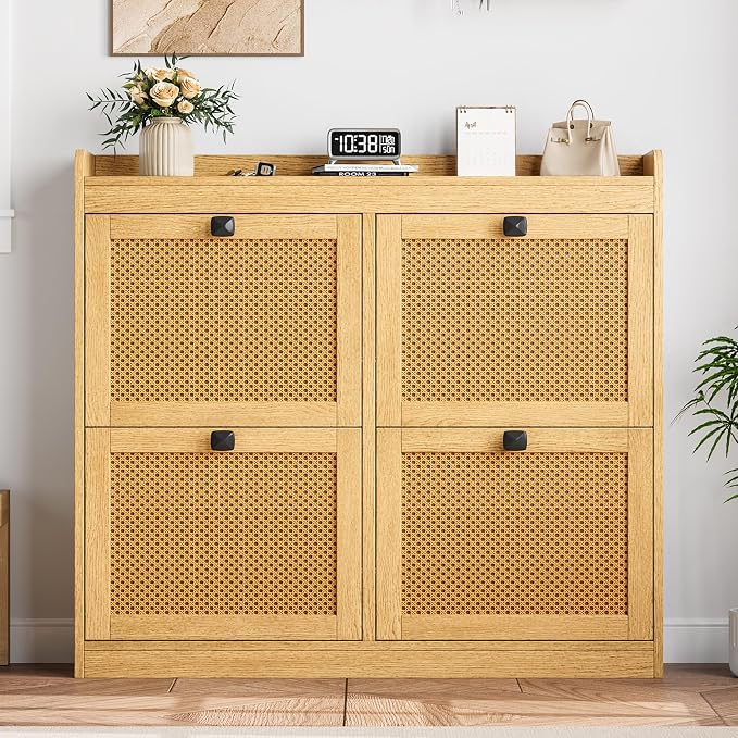 Garvee Shoe Storage Cabinet with 4 Deep Flip Drawers, Wood Shoe Cabinet with Rattan Doors and Adjustable Shelves- Freestanding Shoe Organizer for Entryway, Hallway (Oak, 4 Drawers- 2PCS)