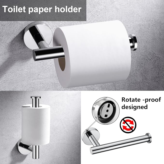 6 Pieces Polished Chrome Bathroom Hardware Accessories Set Hand Towel Ring 16&23.6 inch Round Towel Bar Toilet Paper Holder Towel Hooks 2 Pieces SUS 304 Stainless Steel,Heavy Duty,Wall Mounted