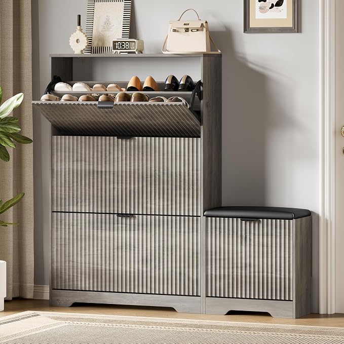 Xixini Shoe Storage Cabinet for Entryway with 3 Flip Drawers & Bench, Slim Wood Shoe Organizer with Modern Fluted Panel, Freestanding Narrow Shoe Rack for Front Door Entrance, Hallway, Foyer, Grey