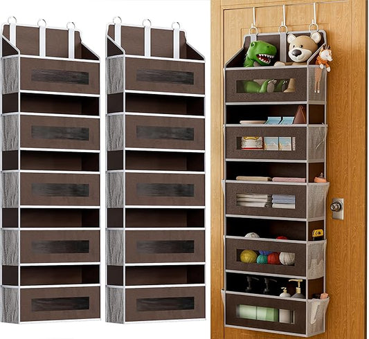 2 Pack 5 Tier Over The Door Organizer - Large Capacity Behind Door Hanging Shelves with 10 Mesh Pockets and Clear Windows, Closet Organizers and Storage for Bathroom, Bedroom, Nursery, Brown