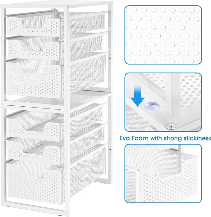 Simple Trending 3-Tier Under Sink Organizer with Sliding Storage Drawer | Metal Cabinet Organizer, Multi-Purpose Desktop Organizer for Kitchen Bathroom Office, Stackbale, Space Saving, White