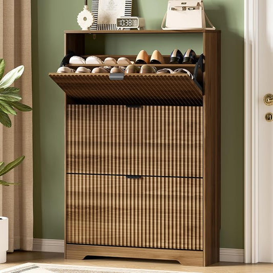 Xixini Shoe Storage Cabinet for Entryway with 3 Flip Drawers, Hidden Slim Wood Shoe Organizer with Modern Fluted Panel, Freestanding Narrow Shoe Rack for Front Door Entrance, Hallway, Foyer, Walnut