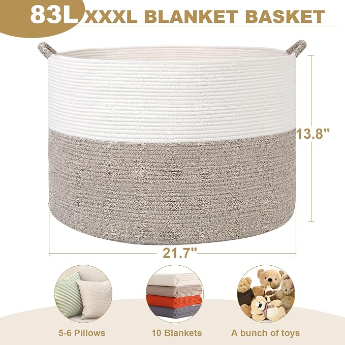 XXXL Large Blanket Basket for Living Room, 21.7" x 13.8" Woven Cotton Rope Laundry Hamper for Pillows, Towels & Toy Storage - Decorative Round Storage Basket with Handles for Nursery, Baby & Dog Toys