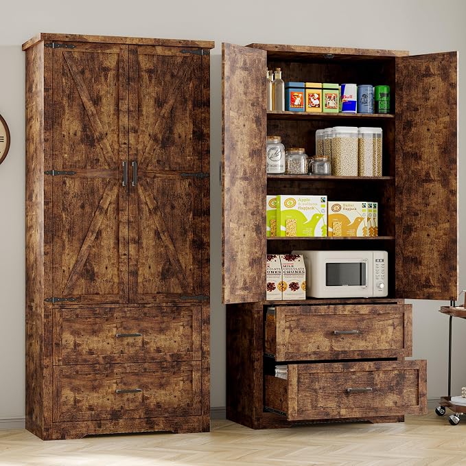 BORNOON Pantry Organizers and Storage Cabinet, 71” Barn Door White Kitchen Cabinet with Drawers and Adjustable Shelf, Tall Pantry for Kitchen, Dining Room, Living Room. Bathroom and Office