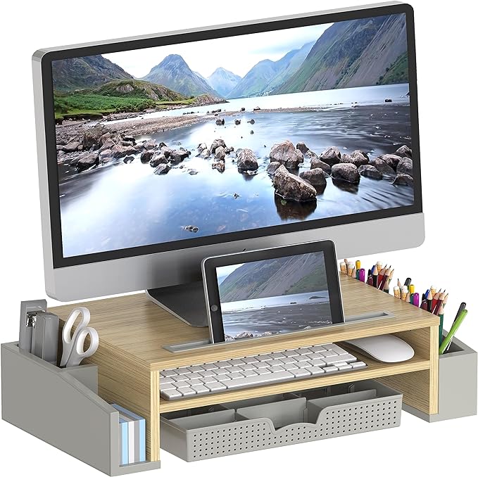 Simple Houseware Desk Monitor Stand Riser w/ Adjustable Tray, Oak | Built-In Tablet Slot and Side Storage