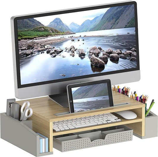 Simple Houseware Desk Monitor Stand Riser w/ Adjustable Tray, Oak | Built-In Tablet Slot and Side Storage