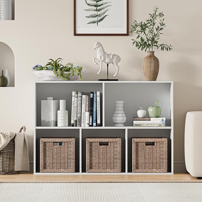 VDNEND Wooden Cube Storage Organizer with Closed Back Panel, 11in Cube Shelf Opening, Bookshelf, Display Shelf,Closet Cabinet for Home and Office (Embossed White, 5-Cube 35.98L*9.45W*24.09H)