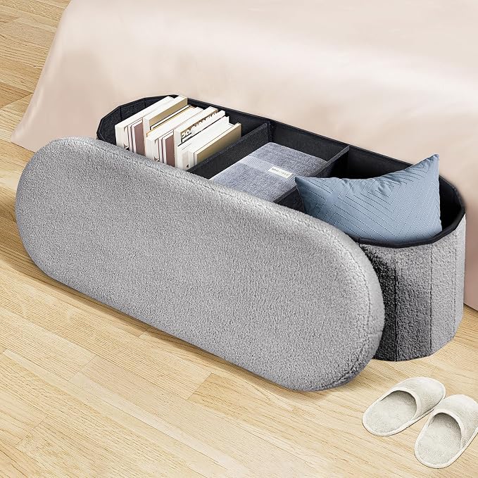 PINPLUS Storage Ottoman Bench Tufted Folding Ottomans Bench Foot Rest, Chest Box Velvet Bench with Storage, 43"x15"x15" (Grey)