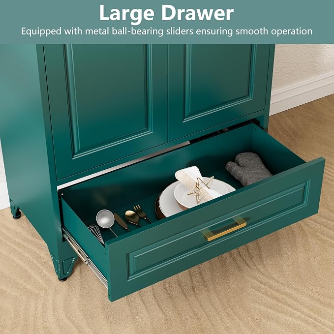 Polup 75" Metal Storage Cabinet, Tall Kitchen Pantry Cabinet with 1 Drawer | Green Heavy-Duty Steel Cupboard, 2 Doors, 3 Adjustable Shelves, Magnetic Latch, Gold Handles, for Dining Living Room, Laundry
