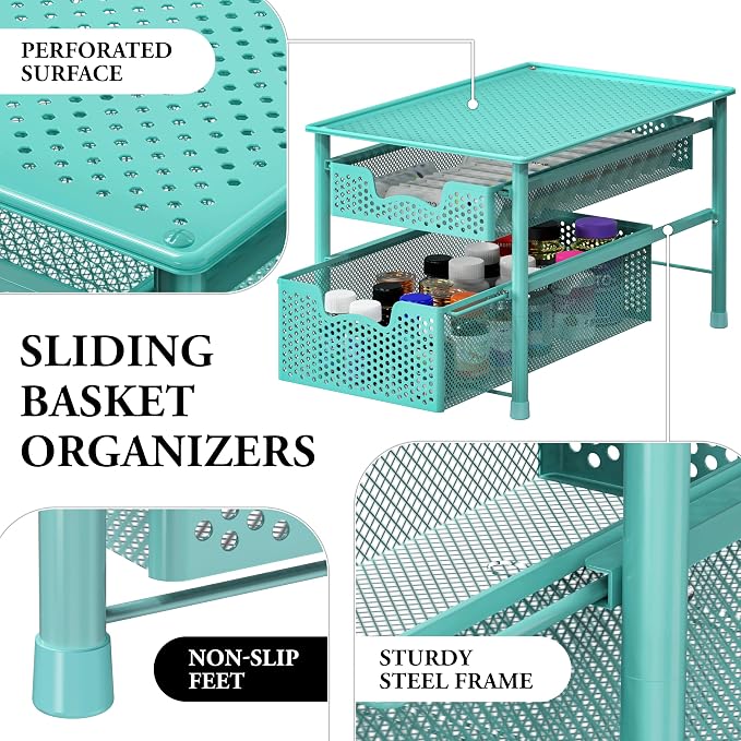 Simple Houseware Stackable 2 Tier Sliding Basket Drawer, Turquoise