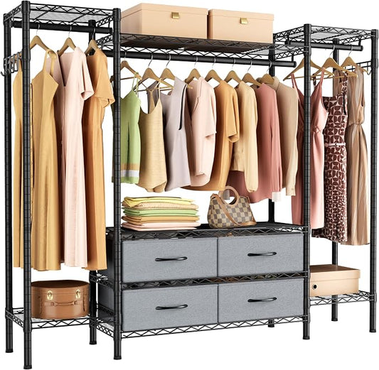 Golpart Heavy Duty Clothes Rack Metal Wardrobe with Adjustable Wire Shelves | Closet Organizers and Storage Clothing Rack Metal System Freestanding Hanging Clothes System Free Standing Garment Coat Racks