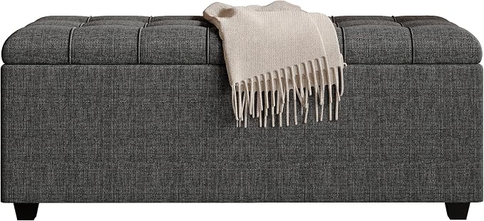 38" Dark Grey Fabric Storage Ottoman Bench with Hinged Lid | Solid wood frame bench, 4-leg easy assembly. Use as end-of-bed, footrest, entryway seat. Hinged hidden storage, multi-use.