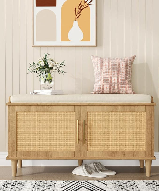 Akxomel 39.4" Rattan Shoe Storage Bench 2 Doors Wooden Entryway Bench Oak | 2 Tier Shoe Bench with Padded Cushion, Adjustable Shelves and 2 Doors, Solid Wood Legs, for Hallway, Living Room, Bedroom