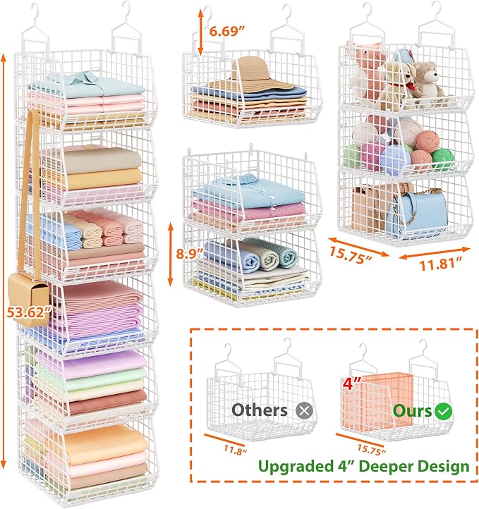 6 Tier Extended Depth Hanging Closet Organizer, Closet Storage Hanging Shelves with Hanging Hooks for Clothes Sweaters Towels Handbags, Stackable Metal Mesh Bins For Closet, Laundry, Bathroom, Dorm