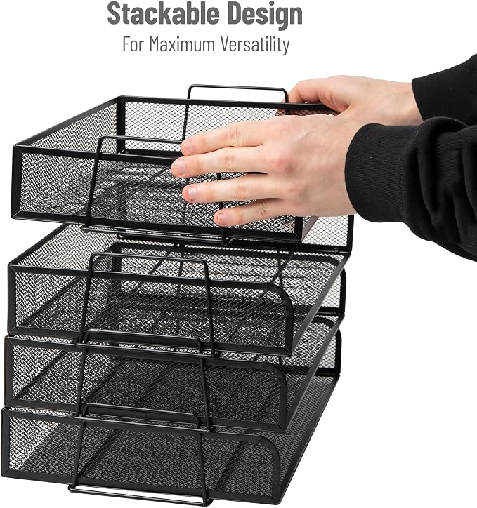 Mind Reader Stackable Paper Tray, Desktop Organizer, File Storage, Office, Metal Mesh, 4 Pcs., Black (Pack of 4)