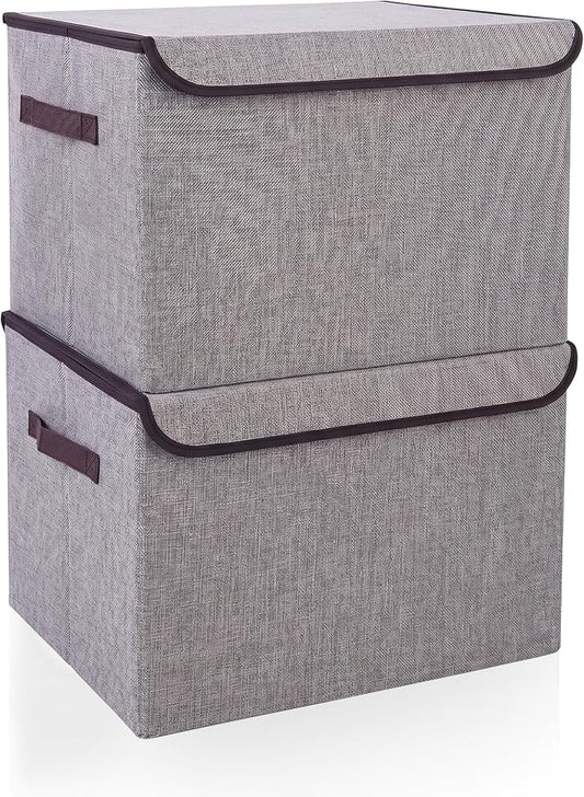 Bagnizer Large 42 Quarts Fabric Storage Bins with Lids [2-Pack] Linen Collapsible Foldable Storage Cubes, Closet Organizer Containers boxes with Handles for Home Office (16.7 x 12 x 12, Gray)