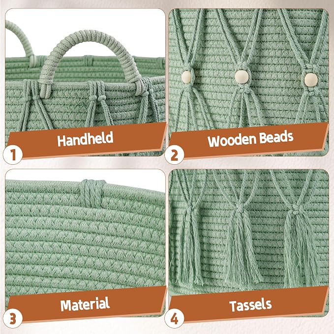 Blanket Basket for Living Room Decor Storage Basket for Toy Organizer Boho Decor Baskets for Modern Farmhouse Decor Small Laundry Basket for Bedroom and Laundry Room Organization,Green