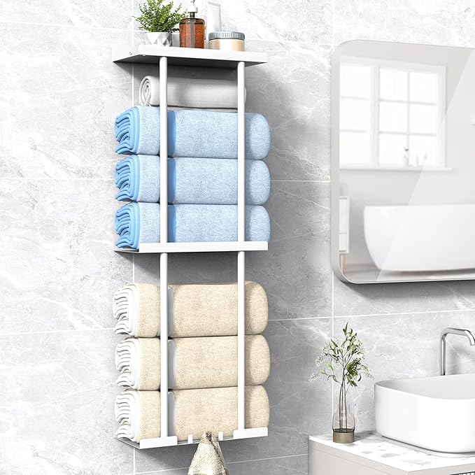Liuoud Towel Rack for Bathroom, Wall Mounted Vertical Rolled Towel Storage Organizer Holder with Shelf, Holds Up 6 Large Bath Sheets, White Large Size