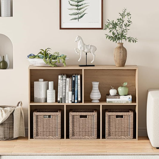 VDNEND Wooden Cube Storage Organizer with Closed Back Panel, 11in Cube Shelf Opening, Bookshelf, Display Shelf,Closet Cabinet for Home and Office (White Oak, 5-Cube 35.98L*9.45W*24.09H)