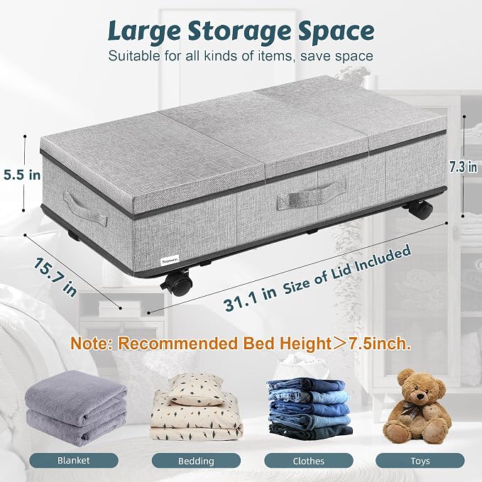 Supowin Under Bed Storage with Wheels, 2Pack Rolling Underbed Storage | 7.3 Inches Tall Under the Bed Container with Lids, Reinforced Handle, Reinforced Metal Bottom Support, 360° Rotating Wheels