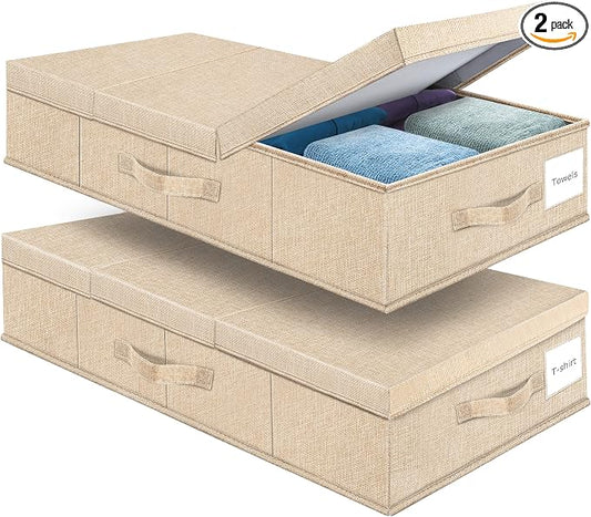 Supowin 2Pack Large Underbed Storage Containers Bin with Lids, Khaki | 6 Inches Tall Under Bed Storage Organizer Box with Handles, Foldable Closet Organizer for Clothes, Blankets, Seasonal Items